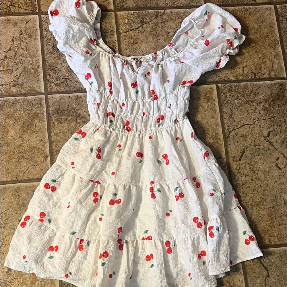 Charming White Cherry Print Kids Dress